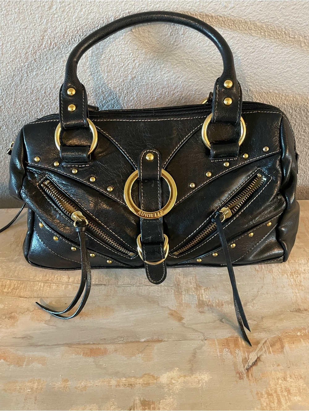 Vintage Aurielle Black Leather Satchel with Gold Rings and Studs